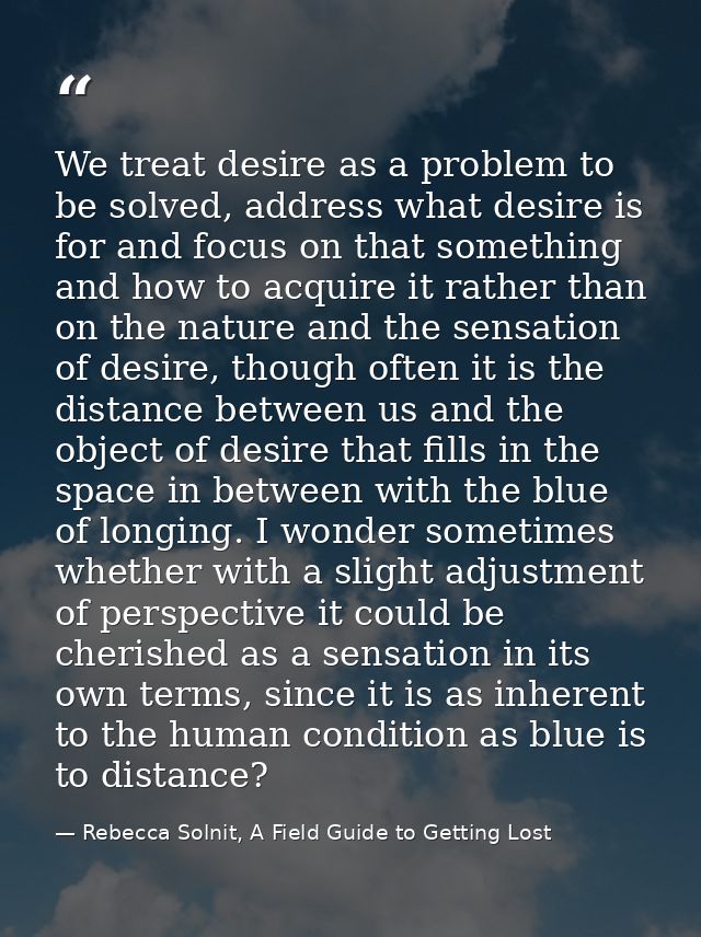 We treat desire as a problem to be solved, address what desire is for and focus on that something and how to acquire it  — Rebecca Solnit, A Field Guide to Getting Lost