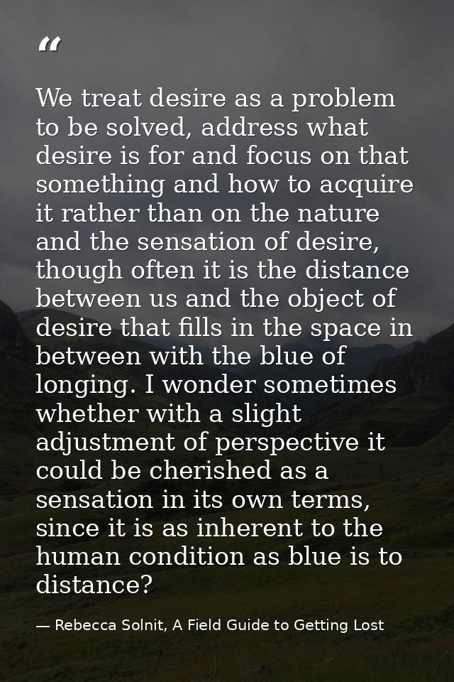 We treat desire as a problem to be solved, address what desire is for and focus on that something and how to acquire it  — Rebecca Solnit, A Field Guide to Getting Lost
