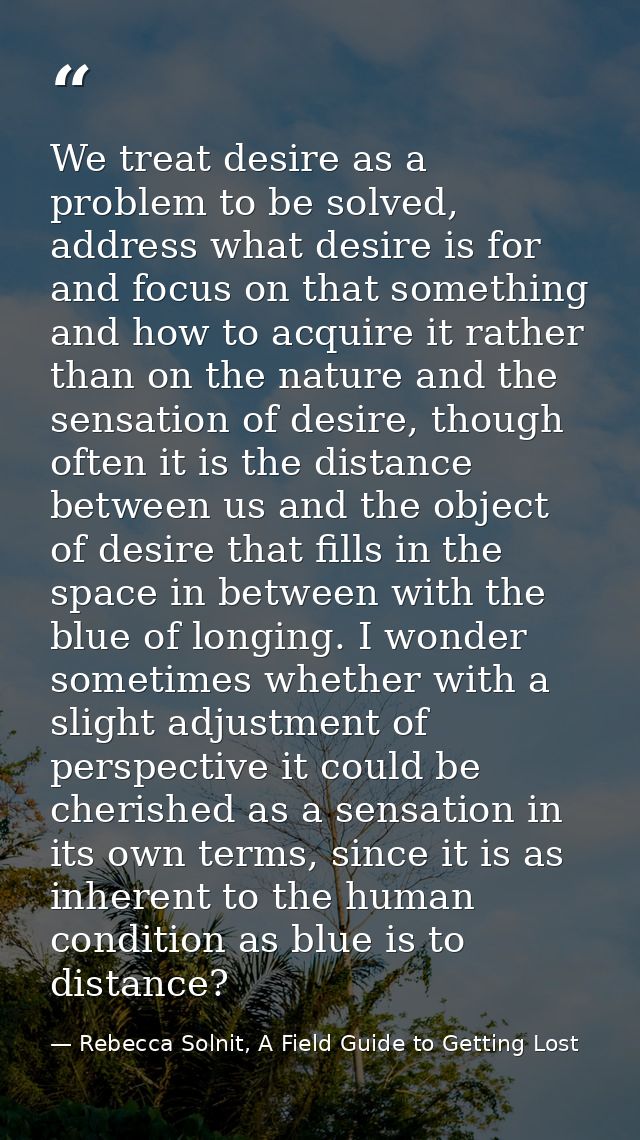 We treat desire as a problem to be solved, address what desire is for and focus on that something and how to acquire it  — Rebecca Solnit, A Field Guide to Getting Lost