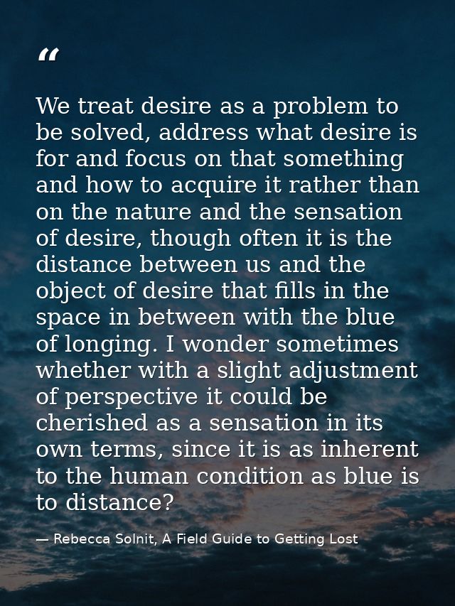 We treat desire as a problem to be solved, address what desire is for and focus on that something and how to acquire it  — Rebecca Solnit, A Field Guide to Getting Lost