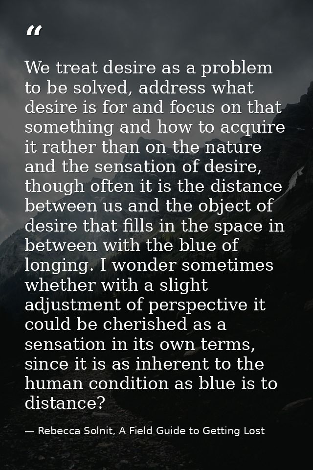We treat desire as a problem to be solved, address what desire is for and focus on that something and how to acquire it  — Rebecca Solnit, A Field Guide to Getting Lost