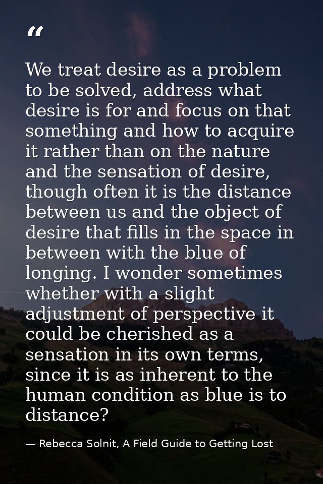 We treat desire as a problem to be solved, address what desire is for and focus on that something and how to acquire it  — Rebecca Solnit, A Field Guide to Getting Lost