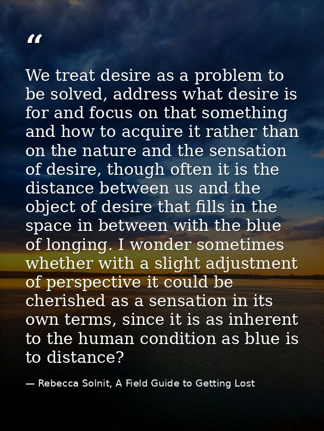 We treat desire as a problem to be solved, address what desire is for and focus on that something and how to acquire it  — Rebecca Solnit, A Field Guide to Getting Lost