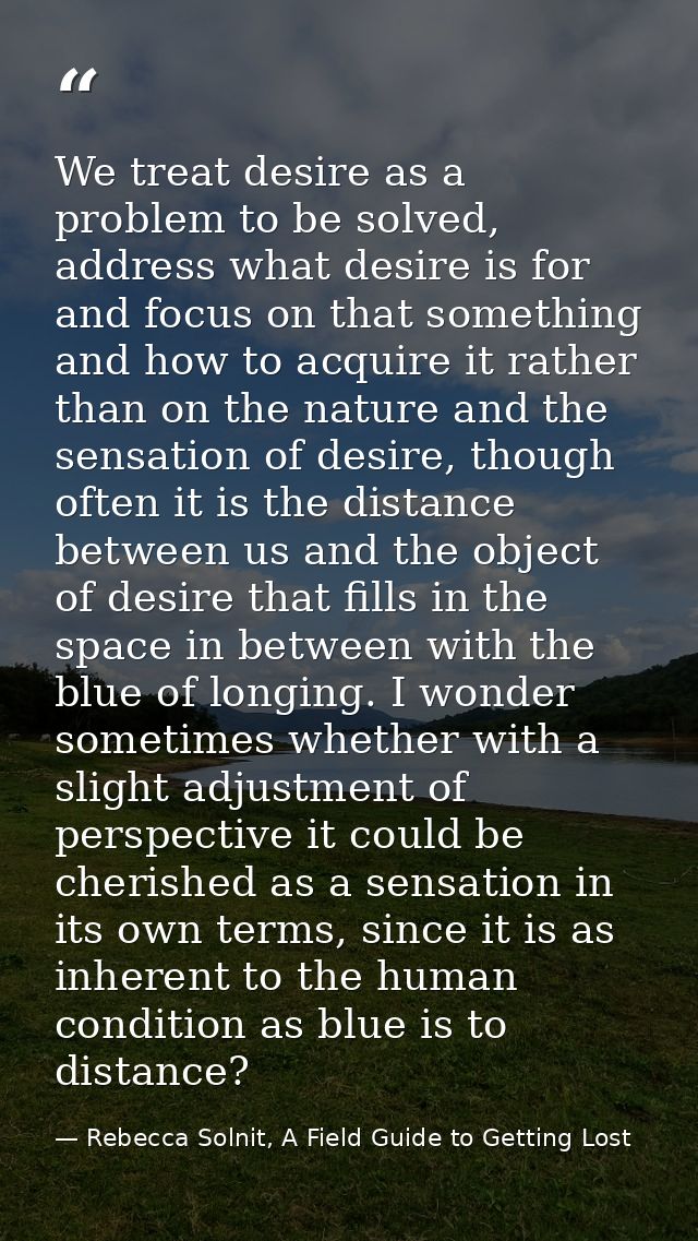 We treat desire as a problem to be solved, address what desire is for and focus on that something and how to acquire it  — Rebecca Solnit, A Field Guide to Getting Lost