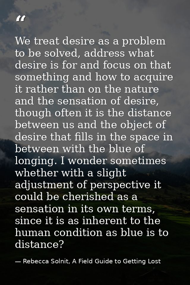 We treat desire as a problem to be solved, address what desire is for and focus on that something and how to acquire it  — Rebecca Solnit, A Field Guide to Getting Lost