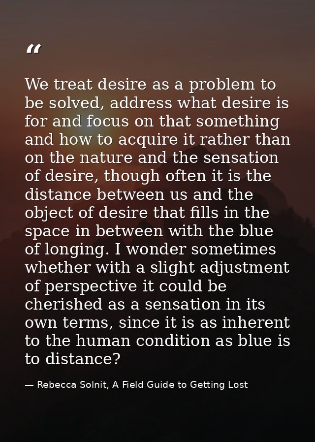 We treat desire as a problem to be solved, address what desire is for and focus on that something and how to acquire it  — Rebecca Solnit, A Field Guide to Getting Lost