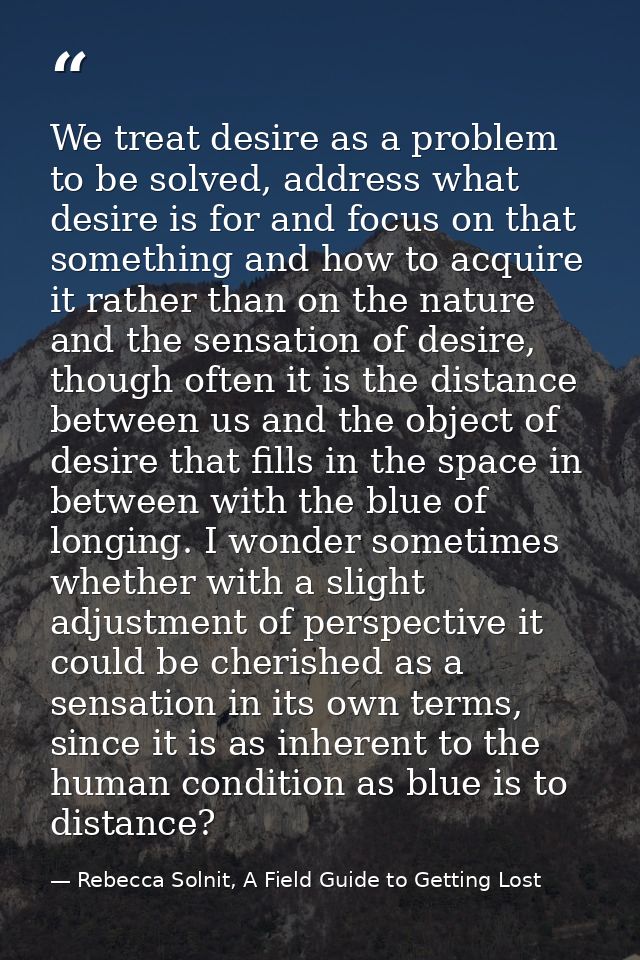 We treat desire as a problem to be solved, address what desire is for and focus on that something and how to acquire it  — Rebecca Solnit, A Field Guide to Getting Lost