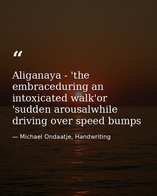 Aliganaya - 'the embraceduring an intoxicated walk'or 'sudden arousalwhile driving over speed bumps — Michael Ondaatje, Handwriting