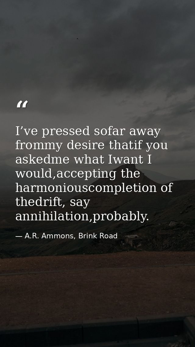 I’ve pressed sofar away frommy desire thatif you askedme what Iwant I would,accepting the harmoniouscompletion of thedri — A.R. Ammons, Brink Road