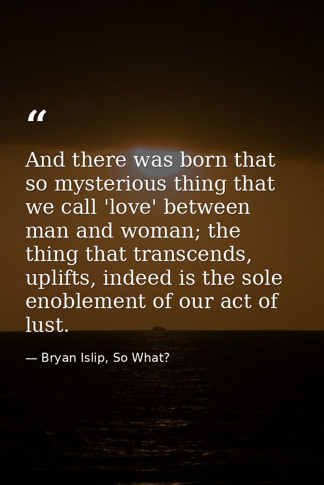 And there was born that so mysterious thing that we call 'love' between man and woman; the thing that transcends, uplift — Bryan Islip, So What?