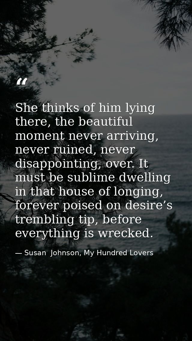 She thinks of him lying there, the beautiful moment never arriving, never ruined, never disappointing, over. It must be  — Susan  Johnson, My Hundred Lovers