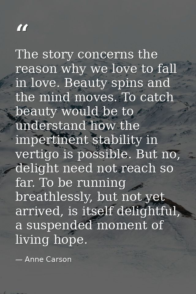 The story concerns the reason why we love to fall in love. Beauty spins and the mind moves. To catch beauty would be to  — Anne Carson