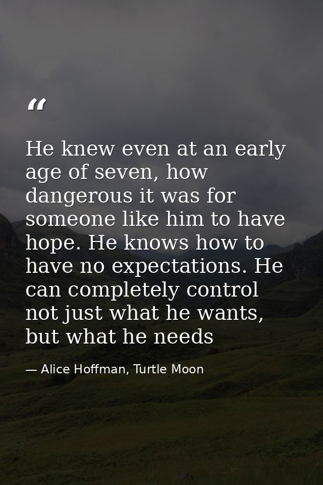 He knew even at an early age of seven, how dangerous it was for someone like him to have hope. He knows how to have no e — Alice Hoffman, Turtle Moon