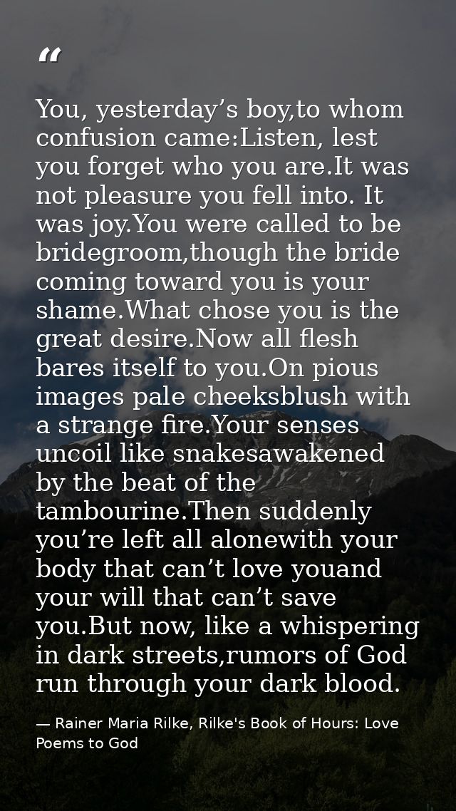 You, yesterday’s boy,to whom confusion came:Listen, lest you forget who you are.It was not pleasure you fell into. It wa — Rainer Maria Rilke, Rilke's Book of Hours: Love Poems to God
