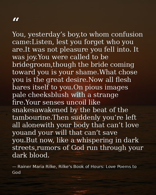 You, yesterday’s boy,to whom confusion came:Listen, lest you forget who you are.It was not pleasure you fell into. It wa — Rainer Maria Rilke, Rilke's Book of Hours: Love Poems to God