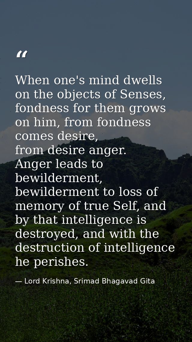 When one's mind dwells on the objects of Senses, fondness for them grows on him, from fondness comes desire, from desire — Lord Krishna, Srimad Bhagavad Gita