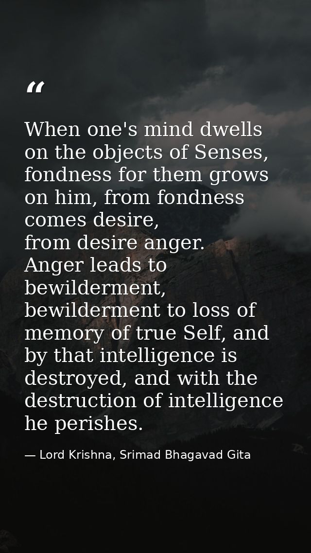 When one's mind dwells on the objects of Senses, fondness for them grows on him, from fondness comes desire, from desire — Lord Krishna, Srimad Bhagavad Gita