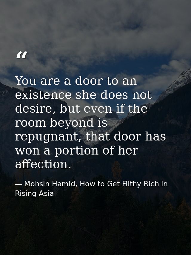 You are a door to an existence she does not desire, but even if the room beyond is repugnant, that door has won a portio — Mohsin Hamid, How to Get Filthy Rich in Rising Asia