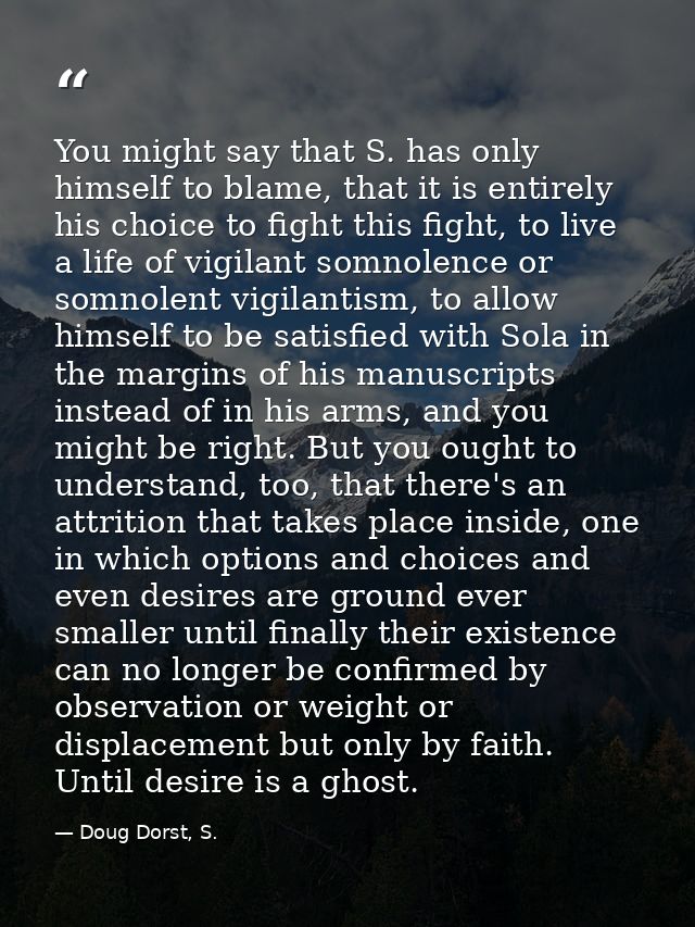 You might say that S. has only himself to blame, that it is entirely his choice to fight this fight, to live a life of v — Doug Dorst, S.