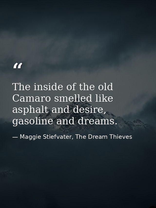 The inside of the old Camaro smelled like asphalt and desire, gasoline and dreams. — Maggie Stiefvater, The Dream Thieves