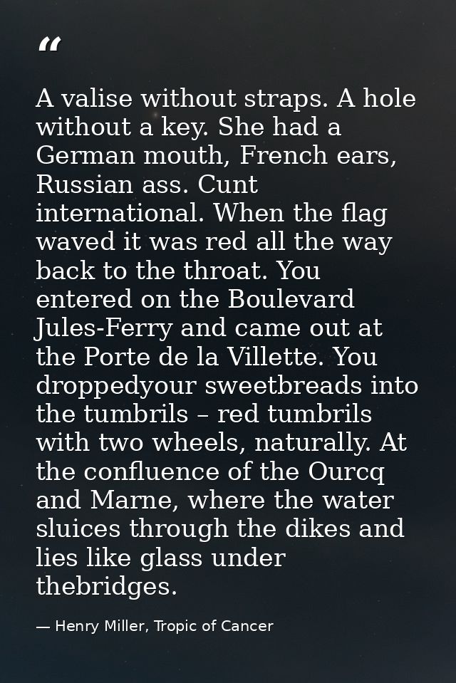 A valise without straps. A hole without a key. She had a German mouth, French ears, Russian ass. Cunt international. Whe — Henry Miller, Tropic of Cancer