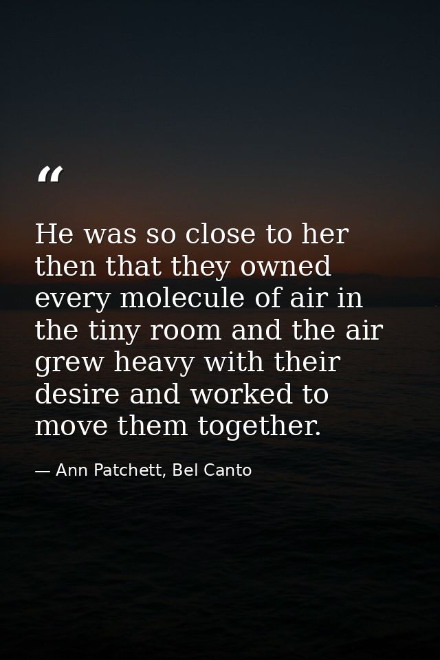 He was so close to her then that they owned every molecule of air in the tiny room and the air grew heavy with their des — Ann Patchett, Bel Canto