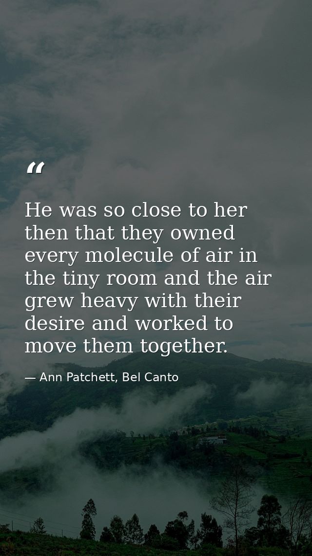 He was so close to her then that they owned every molecule of air in the tiny room and the air grew heavy with their des — Ann Patchett, Bel Canto