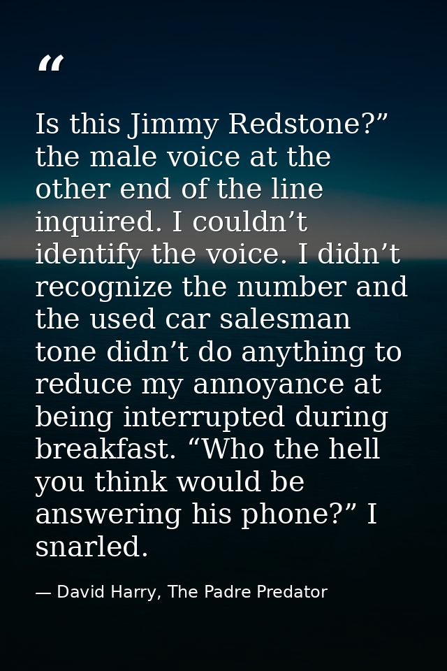 Is this Jimmy Redstone?” the male voice at the other end of the line inquired. I couldn’t identify the voice. I didn’t r — David Harry, The Padre Predator