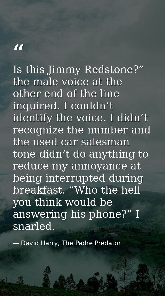 Is this Jimmy Redstone?” the male voice at the other end of the line inquired. I couldn’t identify the voice. I didn’t r — David Harry, The Padre Predator