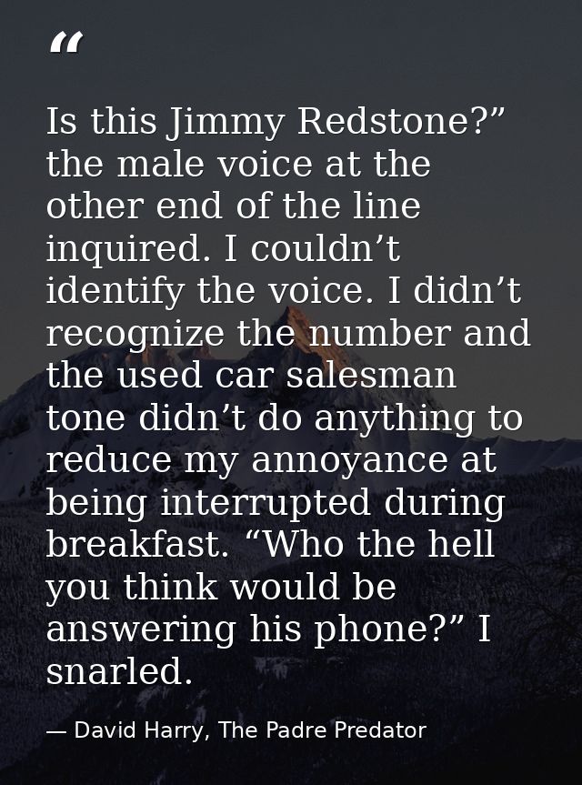 Is this Jimmy Redstone?” the male voice at the other end of the line inquired. I couldn’t identify the voice. I didn’t r — David Harry, The Padre Predator