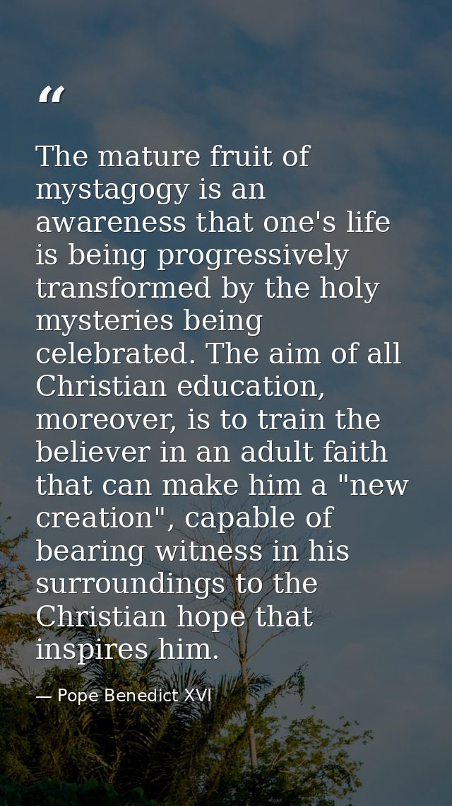 The mature fruit of mystagogy is an awareness that one's life is being progressively transformed by the holy mysteries b — Pope Benedict XVI