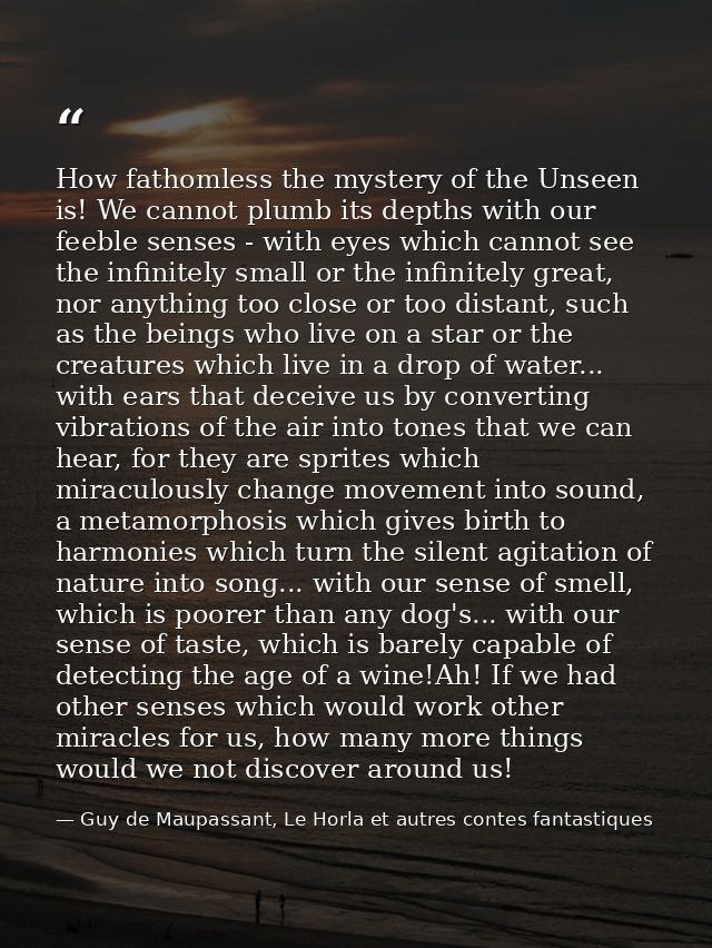 How fathomless the mystery of the Unseen is! We cannot plumb its depths with our feeble senses - with eyes which cannot  — Guy de Maupassant, Le Horla et autres contes fantastiques