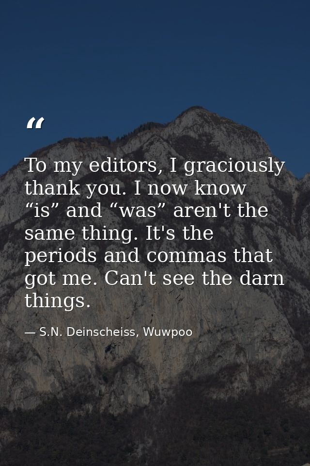 To my editors, I graciously thank you. I now know “is” and “was” aren't the same thing. It's the periods and commas that — S.N. Deinscheiss, Wuwpoo