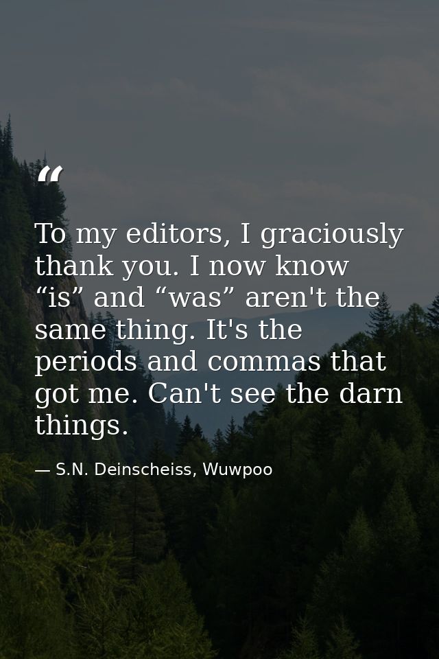 To my editors, I graciously thank you. I now know “is” and “was” aren't the same thing. It's the periods and commas that — S.N. Deinscheiss, Wuwpoo