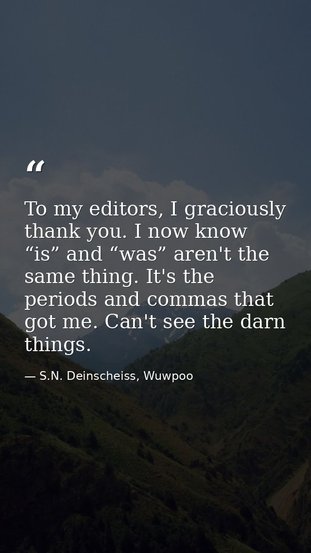 To my editors, I graciously thank you. I now know “is” and “was” aren't the same thing. It's the periods and commas that — S.N. Deinscheiss, Wuwpoo