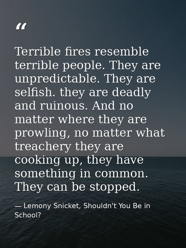 Terrible fires resemble terrible people. They are unpredictable. They are selfish. they are deadly and ruinous. And no m — Lemony Snicket, Shouldn't You Be in School?