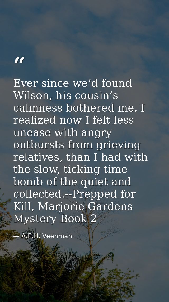 Ever since we’d found Wilson, his cousin’s calmness bothered me. I realized now I felt less unease with angry outbursts  — A.E.H. Veenman