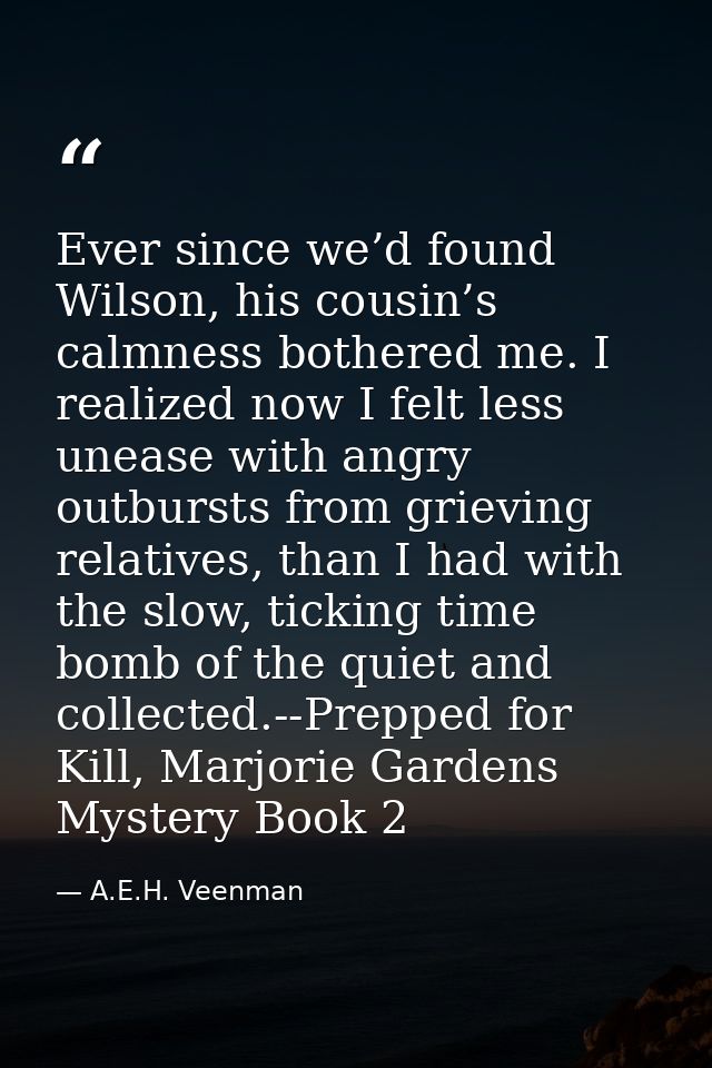Ever since we’d found Wilson, his cousin’s calmness bothered me. I realized now I felt less unease with angry outbursts  — A.E.H. Veenman