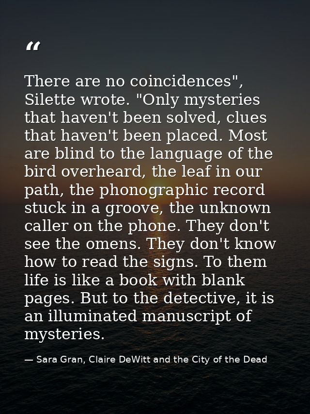There are no coincidences", Silette wrote. "Only mysteries that haven't been solved, clues that haven't been placed. Mos — Sara Gran, Claire DeWitt and the City of the Dead