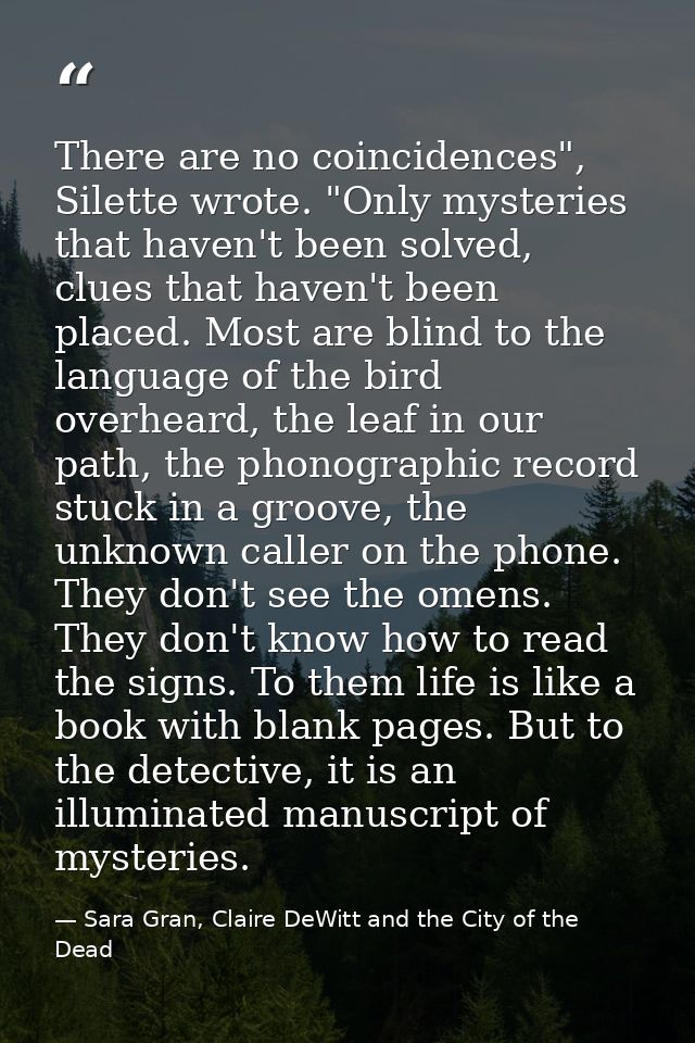 There are no coincidences", Silette wrote. "Only mysteries that haven't been solved, clues that haven't been placed. Mos — Sara Gran, Claire DeWitt and the City of the Dead