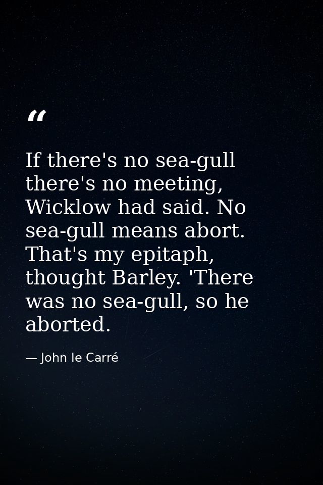 If there's no sea-gull there's no meeting, Wicklow had said. No sea-gull means abort. That's my epitaph, thought Barley. — John le Carré