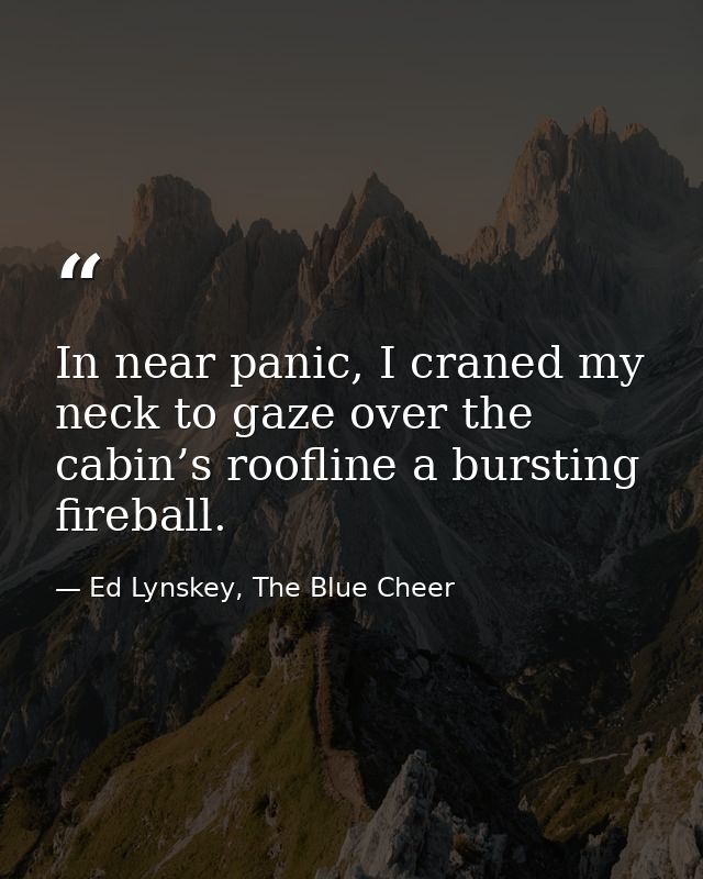 In near panic, I craned my neck to gaze over the cabin’s roofline a bursting fireball. — Ed Lynskey, The Blue Cheer