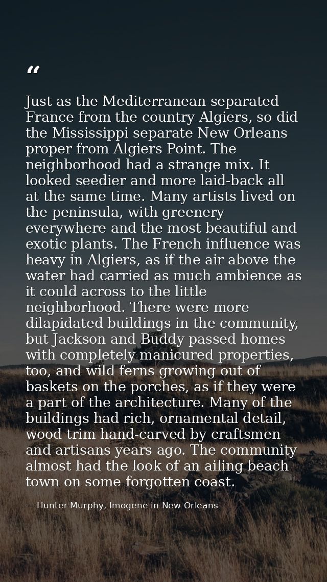 Just as the Mediterranean separated France from the country Algiers, so did the Mississippi separate New Orleans proper  — Hunter Murphy, Imogene in New Orleans