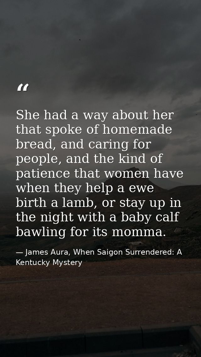 She had a way about her that spoke of homemade bread, and caring for people, and the kind of patience that women have wh — James Aura, When Saigon Surrendered: A Kentucky Mystery