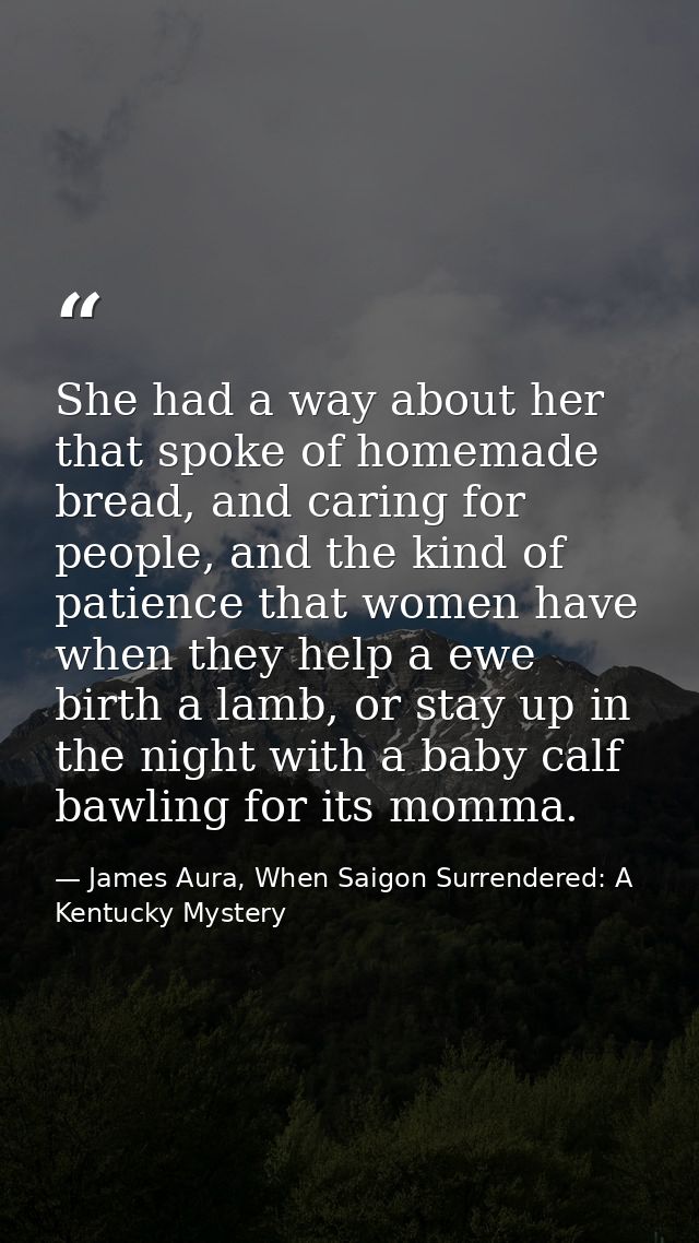 She had a way about her that spoke of homemade bread, and caring for people, and the kind of patience that women have wh — James Aura, When Saigon Surrendered: A Kentucky Mystery