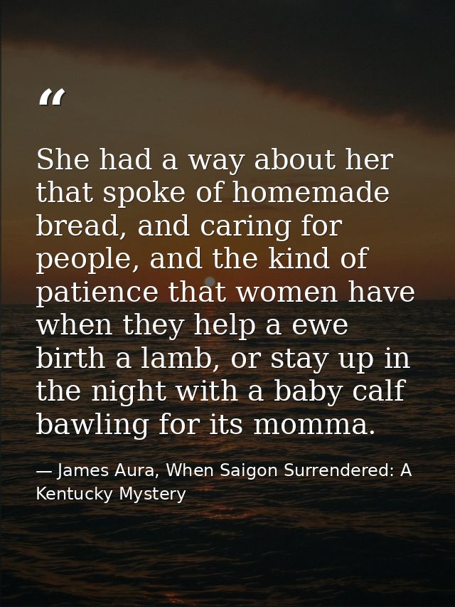 She had a way about her that spoke of homemade bread, and caring for people, and the kind of patience that women have wh — James Aura, When Saigon Surrendered: A Kentucky Mystery