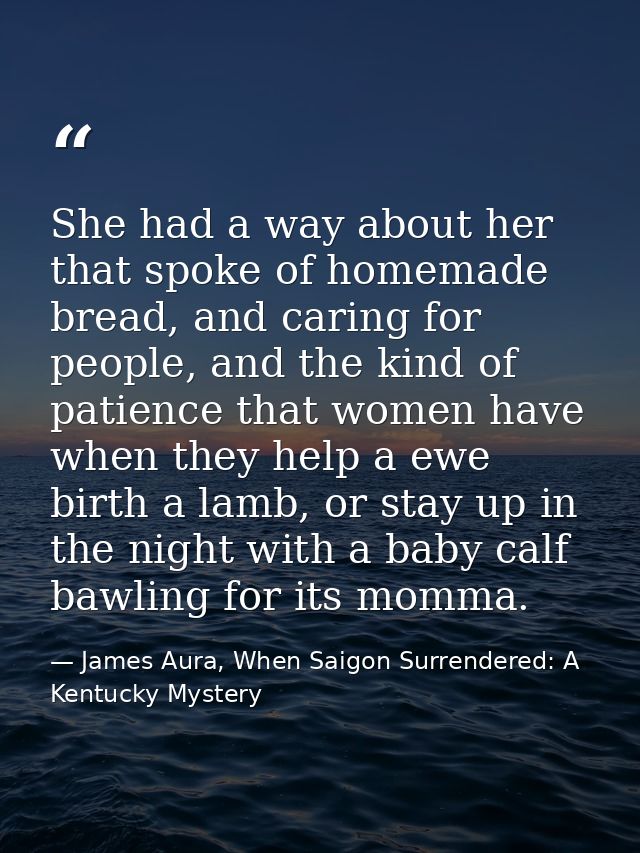 She had a way about her that spoke of homemade bread, and caring for people, and the kind of patience that women have wh — James Aura, When Saigon Surrendered: A Kentucky Mystery