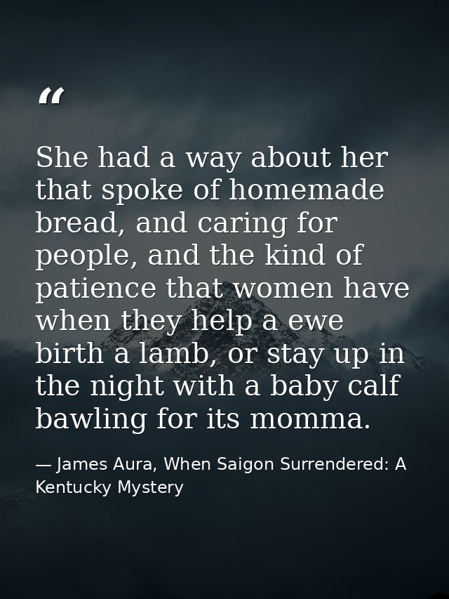 She had a way about her that spoke of homemade bread, and caring for people, and the kind of patience that women have wh — James Aura, When Saigon Surrendered: A Kentucky Mystery