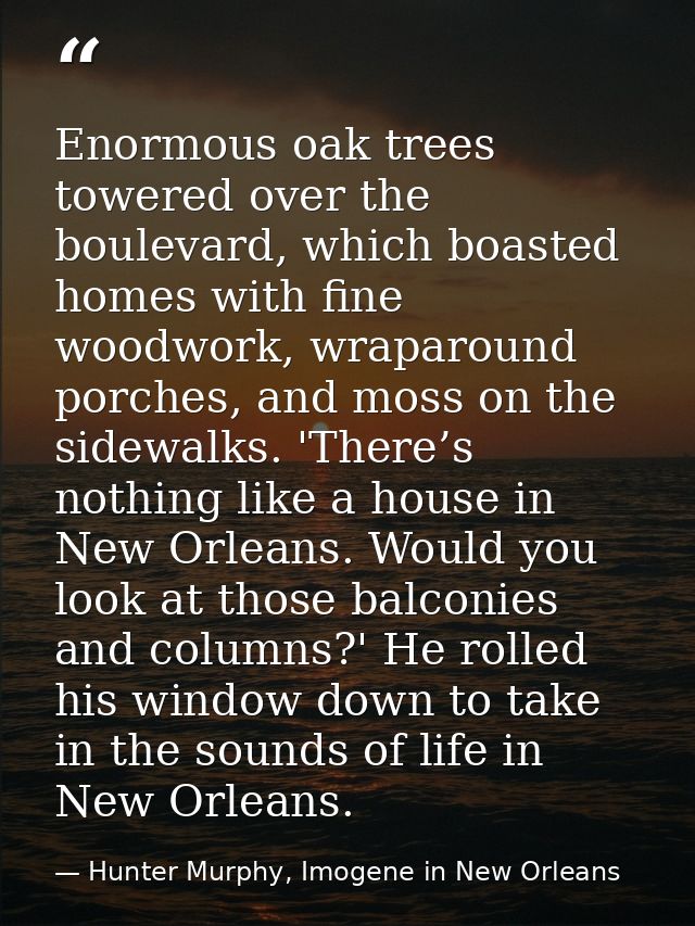 Enormous oak trees towered over the boulevard, which boasted homes with fine woodwork, wraparound porches, and moss on t — Hunter Murphy, Imogene in New Orleans