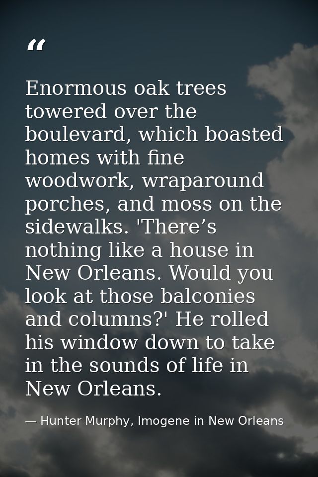 Enormous oak trees towered over the boulevard, which boasted homes with fine woodwork, wraparound porches, and moss on t — Hunter Murphy, Imogene in New Orleans